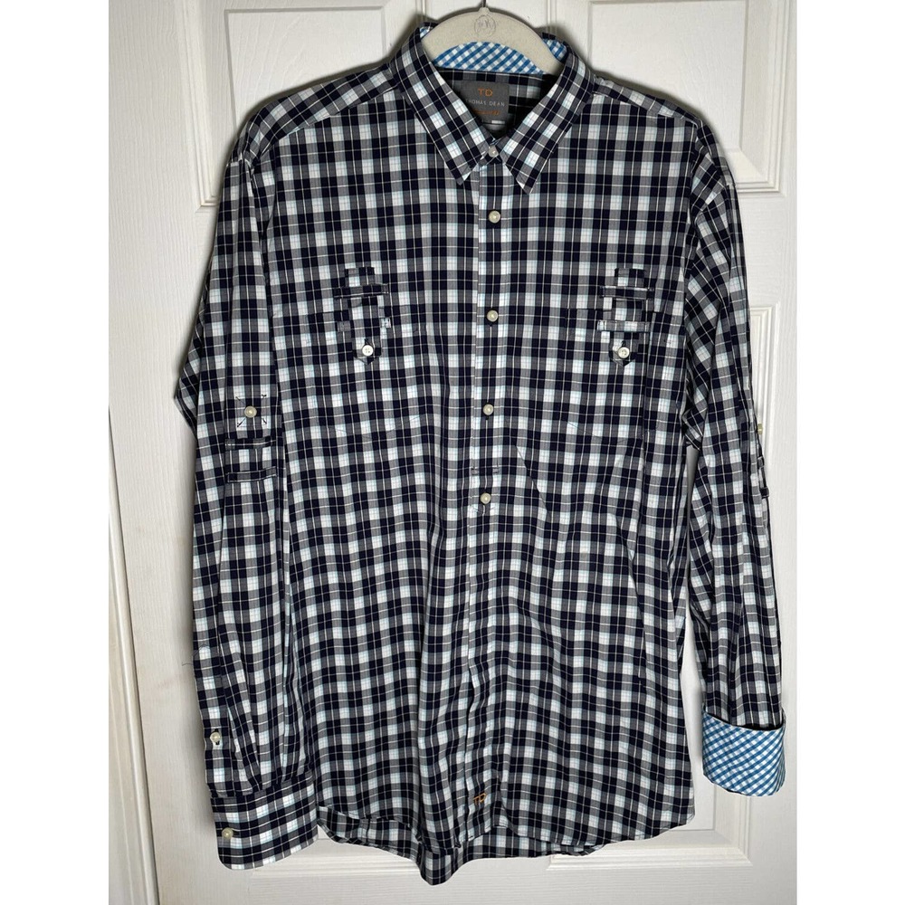 Thomas Dean Tailored Fit Blue Check Flip Tab Cuff Pockets Long Sleeve L Large